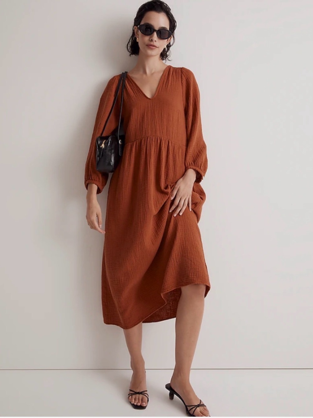 Madewell Minimalist Gauze Cotton V-Neck Rust Midi Dress Size XS